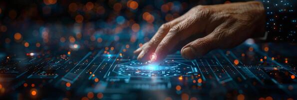 Closeup of a persons hand pressing a button on a computer screen photo