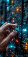 A person touches a motherboard, making an electronics gesture photo