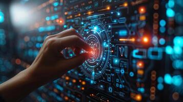 A person is using their finger to touch a futuristic screen for interaction photo