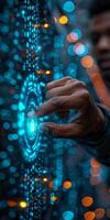 A man is interacting with a button on a futuristic touch screen photo