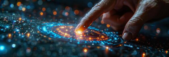 A person is touching a digital screen with their finger, interacting with it photo