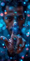 A man is interacting with a button on a screen using his finger photo