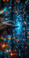 Finger Touching Futuristic Holographic Interface with Glowing Blue and Orange Visuals photo