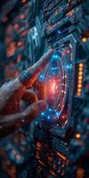 A person is interacting with a futuristic touchscreen using their finger photo