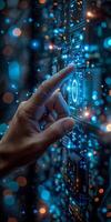Hand points at circuit board with waterrelated keywords photo