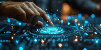 A persons hand pressing a button on a futuristic screen photo