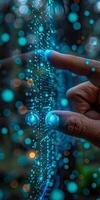 A person is interacting with a futuristic screen using their finger photo