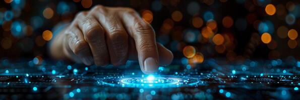A persons hand pressing a button on a digital screen photo