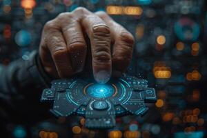 The image shows a detailed view of a hand holding a futuristic item photo