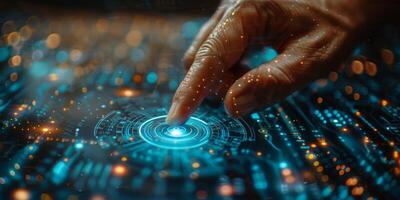 Hand pressing button on futuristic screen with water, organism, electric photo