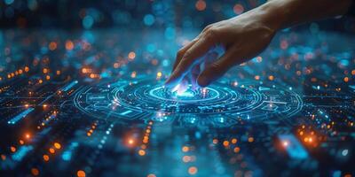 A persons hand is making contact with a hightech display screen photo