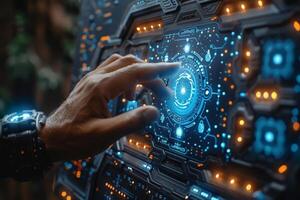 A person is interacting with a modern touchscreen using their finger photo