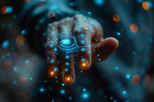 A person is touching a button on a hightech futuristic display screen photo