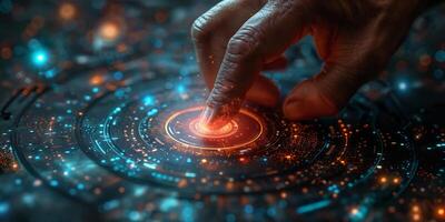 A hand presses a button on a hightech screen in a futuristic setting photo