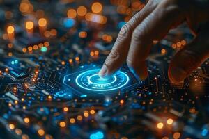 A person pointing at a glowing circle on a computer screen photo