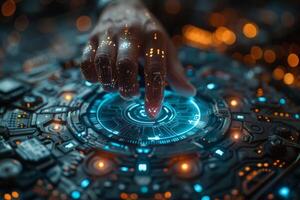 A hand is seen pressing a button on a hightech screen with a futuristic design photo