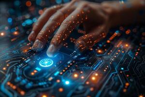 A persons hand pressing a button on a motherboard photo