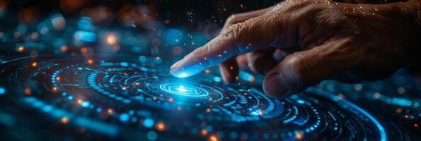 A person interacts with a futuristic screen using their finger in this image photo