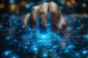 The image shows a person touching a futuristic screen with their hand photo