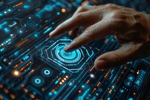 Finger interacts on screen with water, electronic instrument, fluid photo