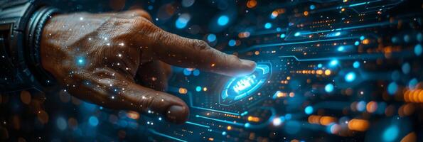 On a futuristic screen, a hand is pushing a button photo