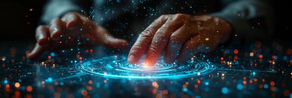 A person s hands touching a futuristic screen showing digital information photo