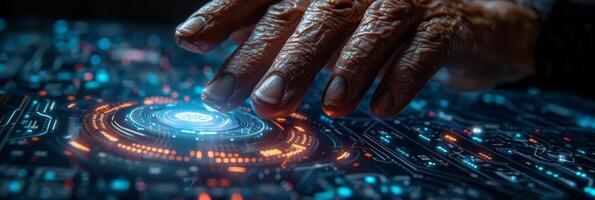 A detailed view of a persons hands interacting with a modern display screen photo