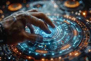 A hand is pressing a button on a futuristic screen in a city environment photo