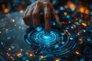 A hand is seen pressing a button on a screen with a futuristic design photo