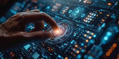 Person interacts with futuristic button, possibly related to tech photo