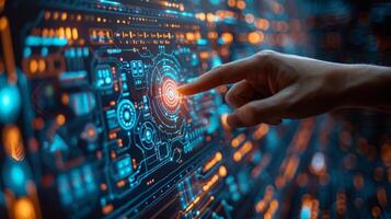 Hand presses button on futuristic hightech screen photo