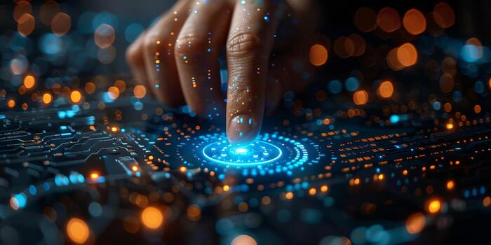 cerca arriba de un mano prensado botón en un circuito tablero foto