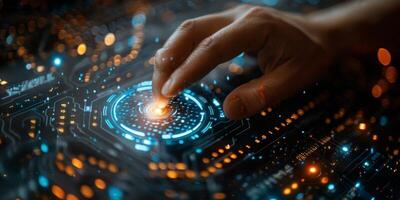 Close up of hand pressing button on futuristic screen photo