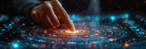 A person touches a futuristic screen with a finger, creating a gesture photo