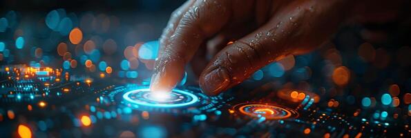 A person is interacting with a futuristic screen using their finger photo