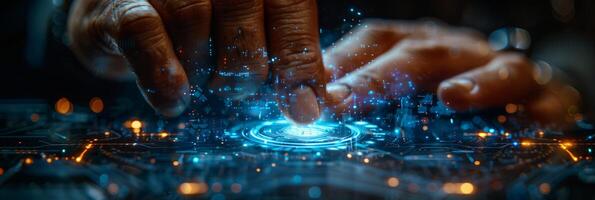 A person is interacting with a hightech display using their fingertip photo