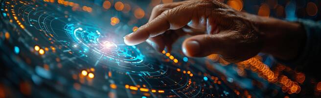 Person interacts with futuristic screen using finger in electric blue setting photo