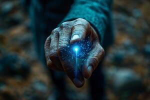 Hand holding glowing magical light, enchanted forest setting, mystical power concept photo