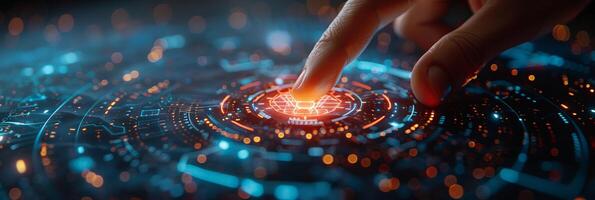 A person is interacting with a futuristic touch screen using their finger photo