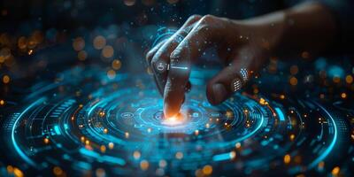 Hand pressing button on futuristic screen, symbolizing technology interaction photo