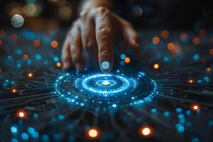 Digital Interface with Futuristic Technology Lights, Cyber Network Connection, and HiTech Gadgets photo