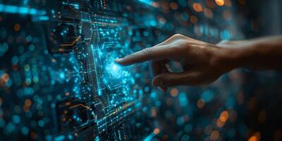 A hand is interacting with a button on a hightech display photo