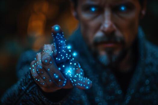 A man with blue eyes holding a blue object in his hand is featured in the image photo