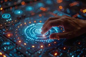 A hand is interacting with a button on a futuristic digital display photo