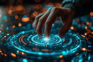 A person is operating a button on a hightech display screen with their hand photo