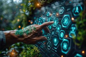 A person is interacting with a futuristic screen by pressing a button photo