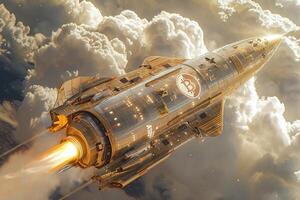 A rocket launches through space clouds, symbolizing exploration, technology, and aerospace photo