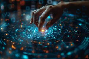A person is interacting with a digital screen using their finger photo