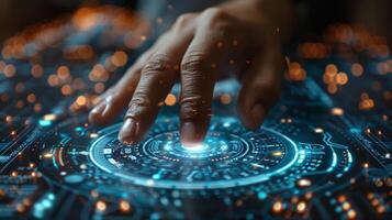 Futuristic hand interaction with digital interfaces technology, innovation, and control photo