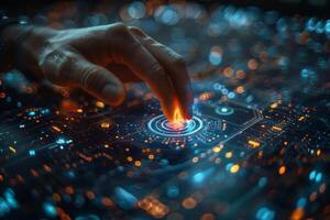 In the image, a hand is seen pressing a button on a sleek futuristic screen photo
